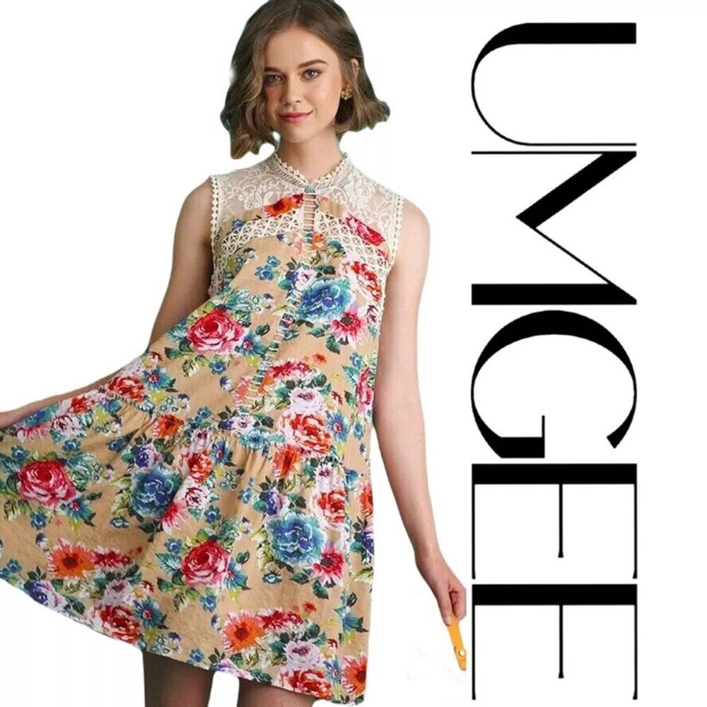 Umgee Dress‎ Floral Sleeveless Large Flowy Boho Comfy Feminine Cottagecore Lace
